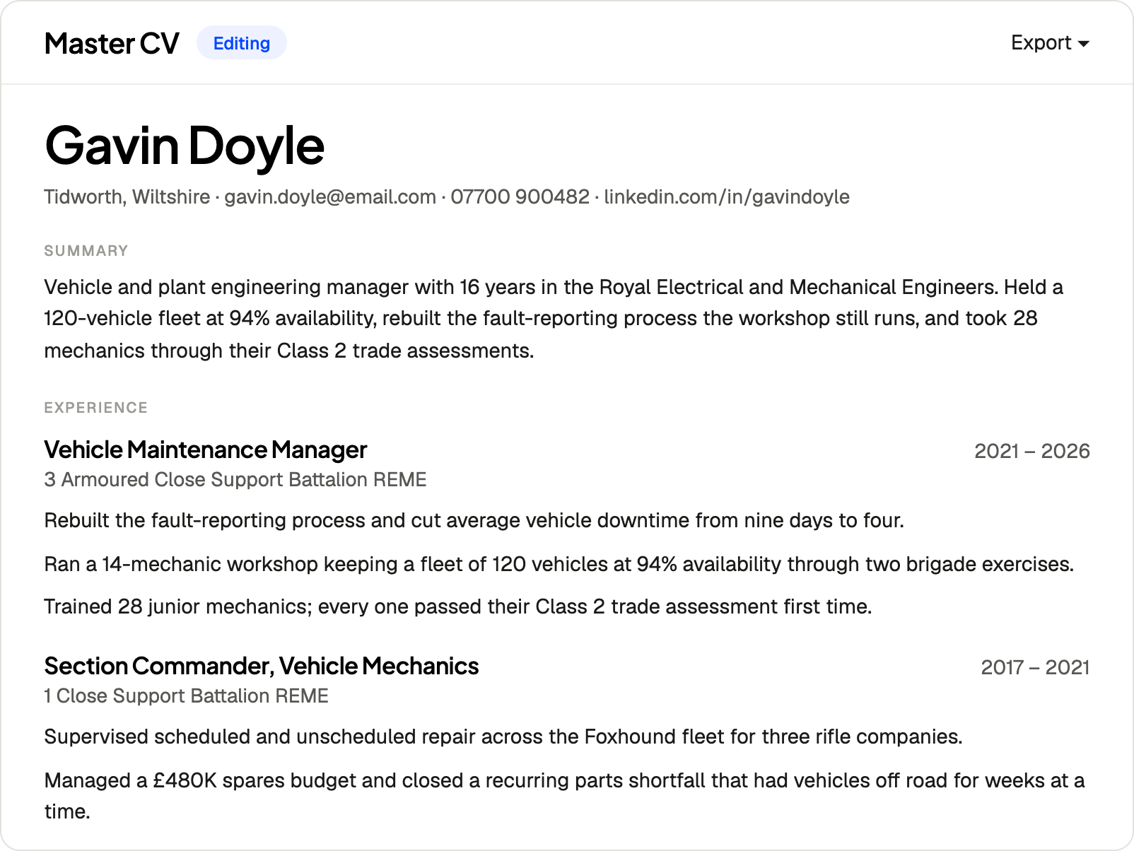The exported CV, a single column of plain text with clear section headings