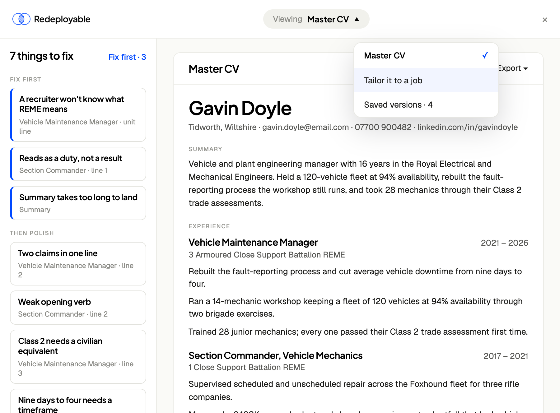 The CV builder: a list of things to fix beside the master CV, with the menu open to switch to a tailored version