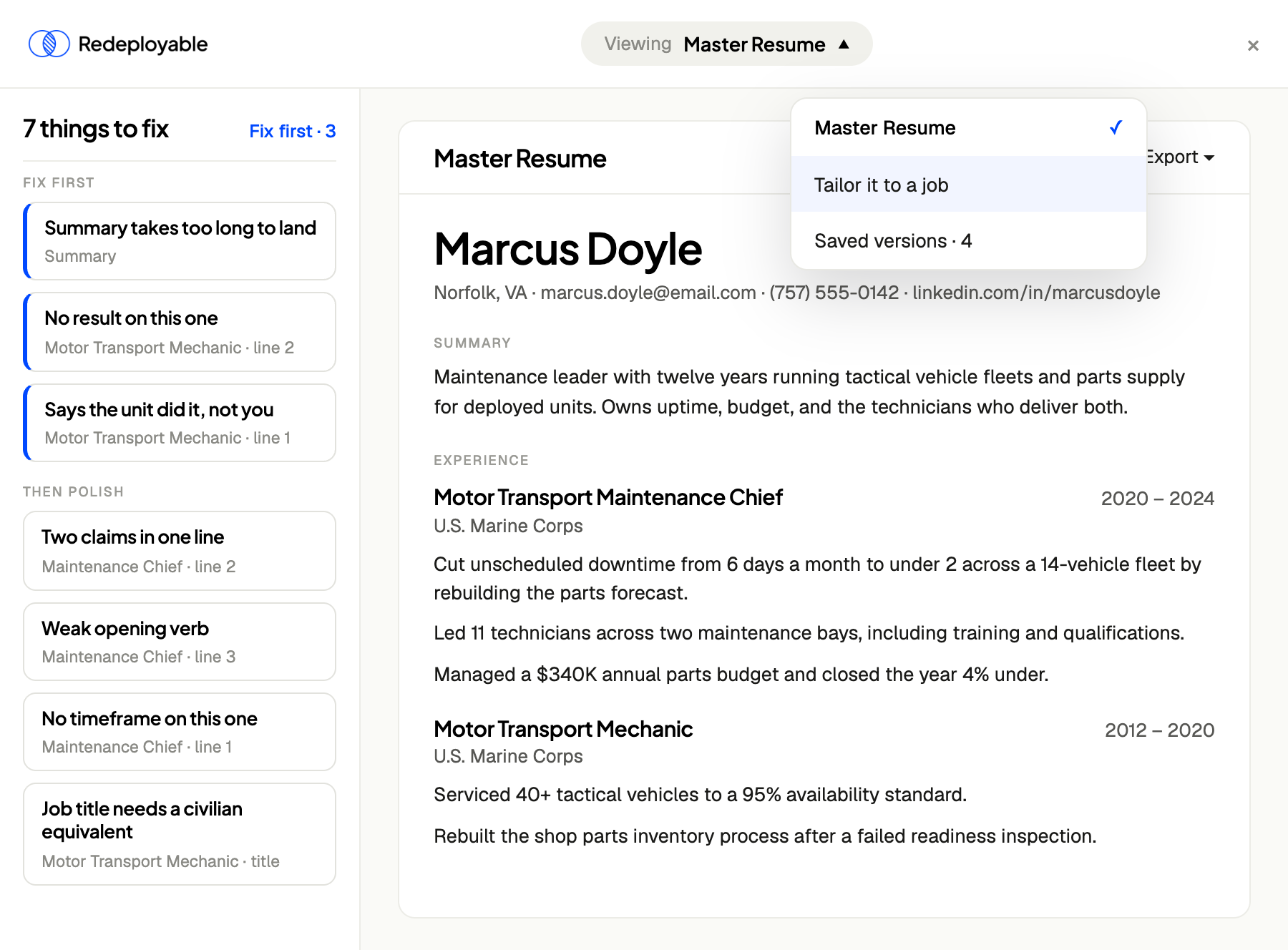 The resume builder: a list of things to fix beside the master resume, with the menu open to switch to a tailored version